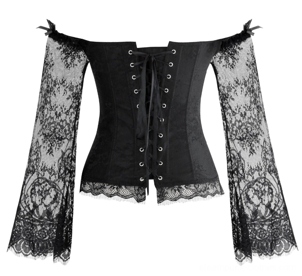 Black steampunk corset back flat lay showing lace-up back design with mesh sleeves and detailed hem