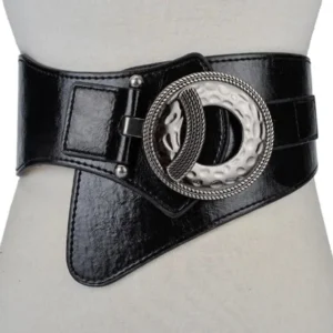 Black glossy steampunk wide waist corset belt with hammered texture round metal buckle and premium split leather, styled on dress form torso, studio photography with clean white background