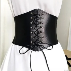 Black laced steampunk corset belt with metal eyelets displayed on dress form, back-oblique perspective showcasing faux leather texture, functional lace-up drawstring detail, and cinched silhouette in white dress styling