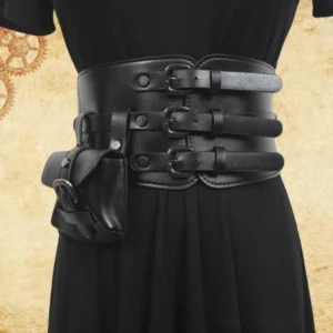 Black steampunk corset belt with three matte black metal buckles and detachable side pouch, worn on mannequin featuring industrial aesthetic and Victorian-inspired design elements