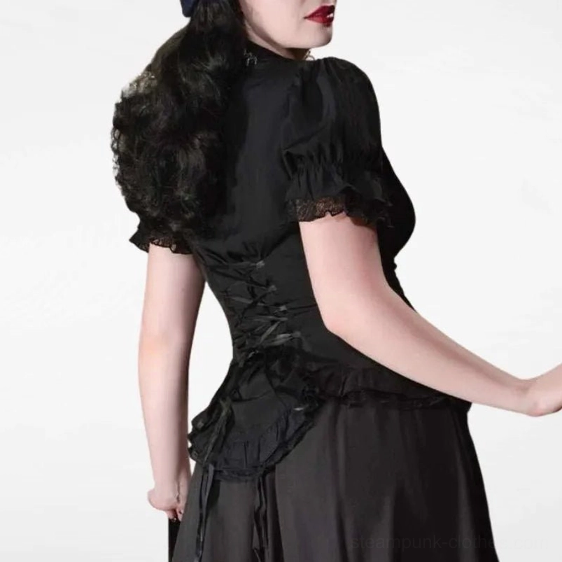 Black corset puff sleeve steampunk blouse with back lace-up design, lace-trimmed cuffs and ruffled hem, rear side view on model