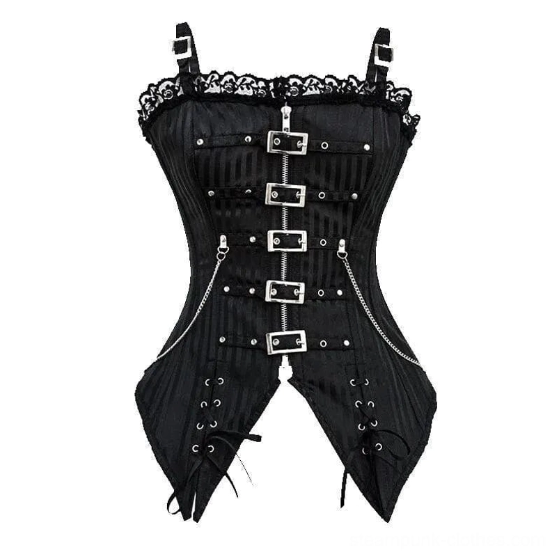 Black steampunk corset with solid striped pattern, dual side chains, multiple buckles, and lace trim