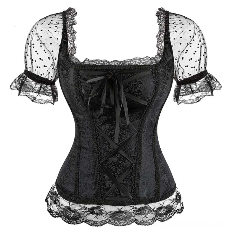 Black Steampunk Corset Crop Top - Polka Dot Sheer Puff Sleeves with Lace-Up Front