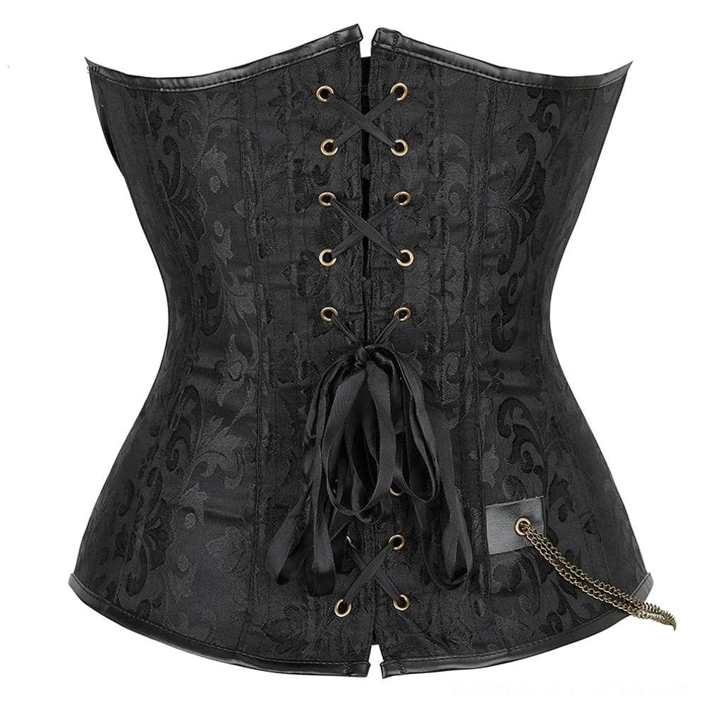 Black damask jacquard steampunk corset with cross-laced back closure and side metal chain ornament, front view product shot