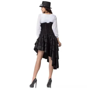 Black steampunk dress rear full-body view showing lace-up back corset closure and layered ruffled skirt details