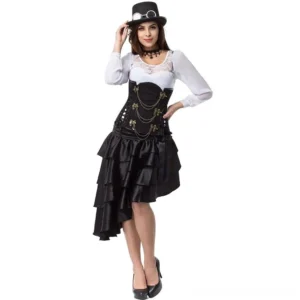 Black high society steampunk corset dress with chain-adorned corset and high-low ruffled skirt, front full-body view on model