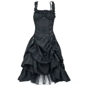 Black steampunk corset dress with lace-up front, ruffled straps, and high-low layered tulle skirt displayed on white background