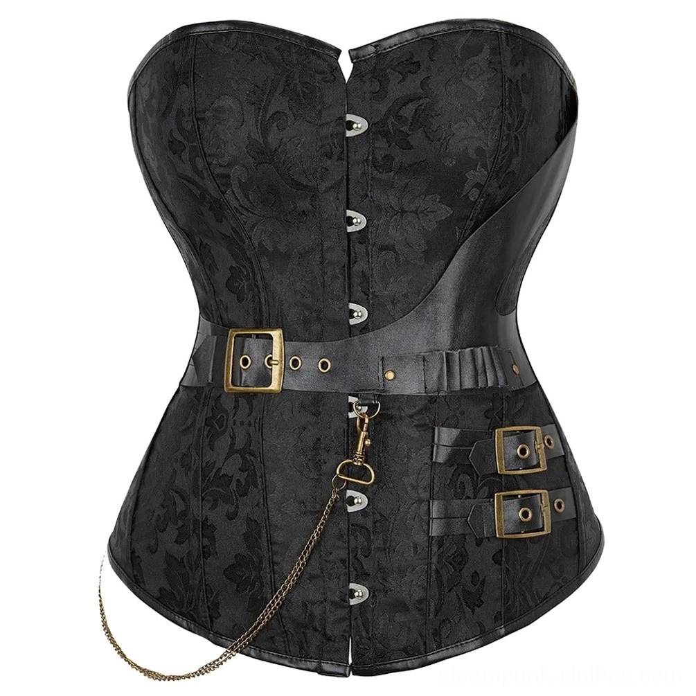 Black steampunk overbust corset with damask jacquard fabric, waist belt with buckle, dual side buckles and metal chain pendant, full view