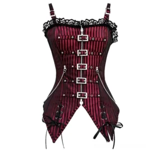 Black steampunk corset with dual side chains, multiple brass buckles, lace trim, and striped pattern flat lay front view