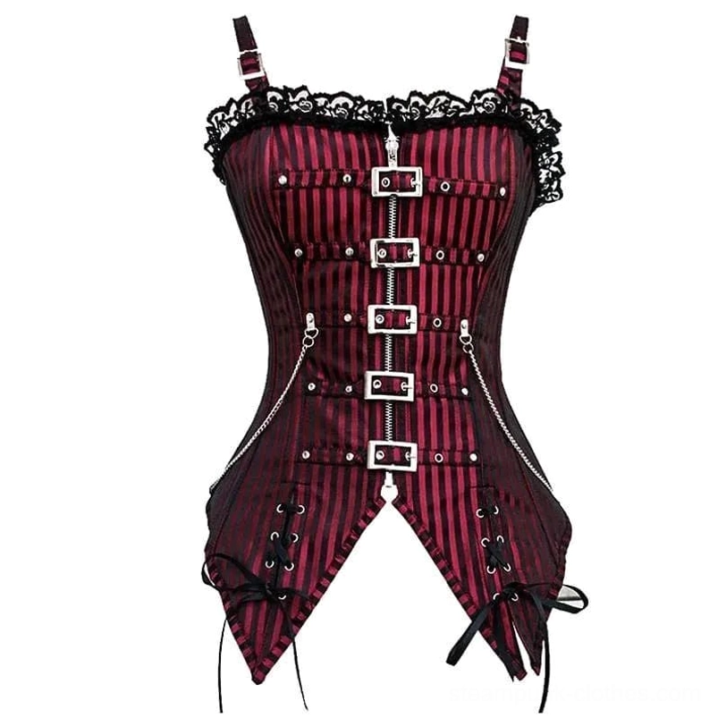 Black steampunk corset with dual side chains, multiple brass buckles, lace trim, and striped pattern flat lay front view