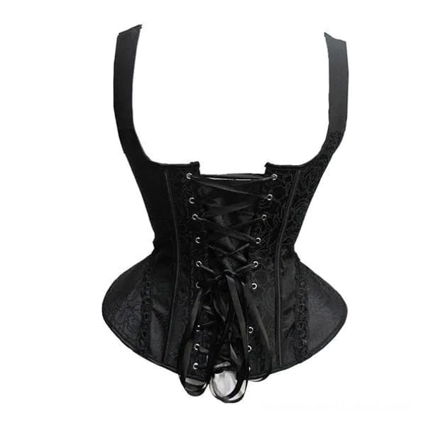 Black steampunk corset flat lay back view with metal eyelet rings ribbon lace-up closure and curved waist