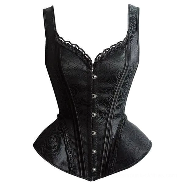 Black steampunk corset flat lay front view showing peplum hem and metal button fasteners