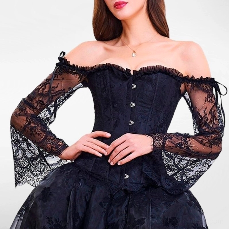 Black gothic steampunk corset front three-quarter view with floral lace mesh sleeves on model wearing black skirt