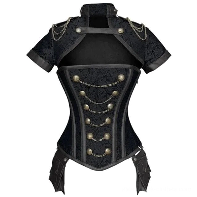 Full front view black steampunk corset with metal chains, brass buttons and side pouches