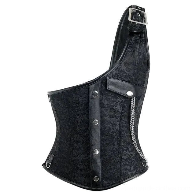 Black steampunk corset front display showing jacquard texture, leather trim, pocket details, and chain embellishments