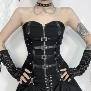Full upper body front view of black strapless steampunk corset with silver metal hardware and lace fingerless gloves on model in white studio setting
