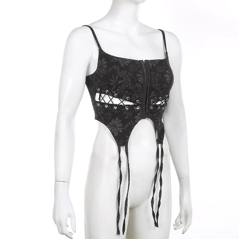 Full-length front view of black steampunk corset bodice with front zipper, side lace-up cutouts, and hanging tassel decoration