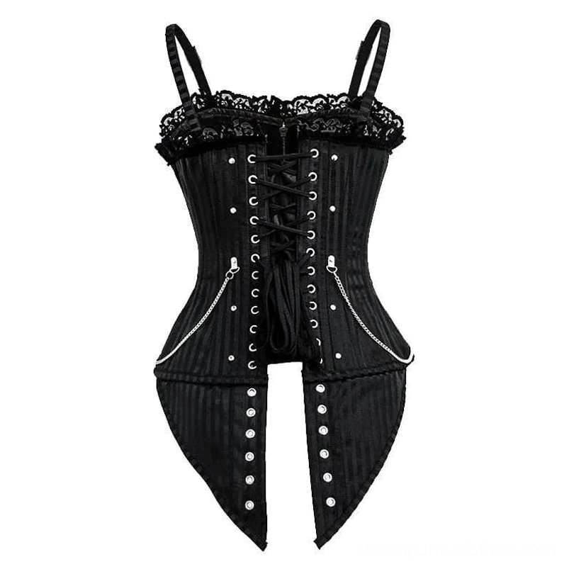 Black steampunk corset with front lace-up and dual side chains industrial design detail