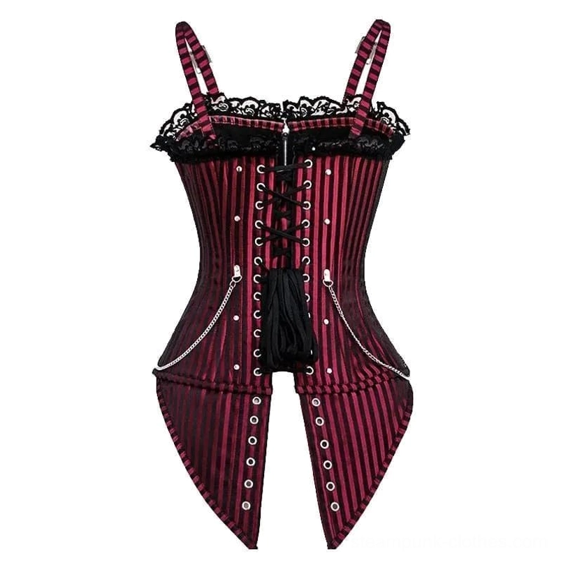 Black steampunk corset with front lace-up closure, dual side chains, and tassel decorations front view
