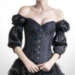 Black steampunk corset with long puff sleeves, front view on model