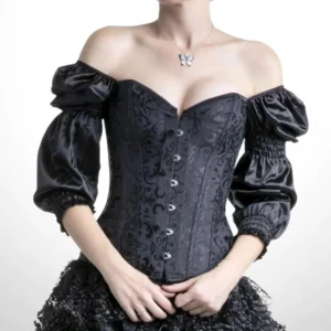 Black steampunk corset with long puff sleeves, front view on model