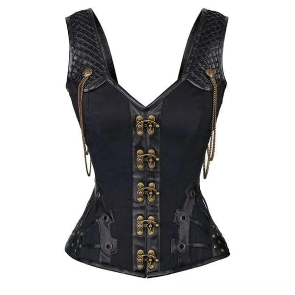 Black overbust steampunk corset front flat lay showing dual side chains, quilted shoulder straps, bronze buckles and hardware details