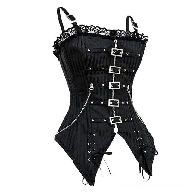 Black steampunk corset with left-side chain and buckle decorations flat front view studio