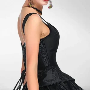 Black steampunk corset side profile showing fitted waist silhouette and partial lace-up back design