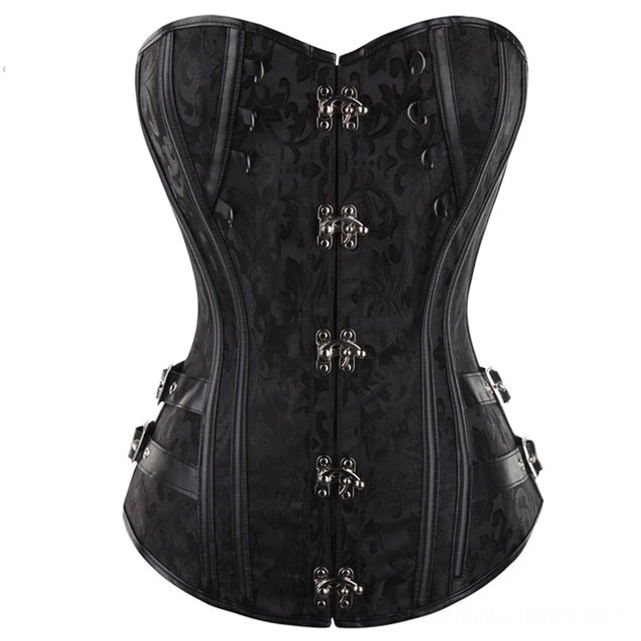 Black steampunk corset with silver metal claw closures and industrial hardware, overbust design front view flat lay on white background