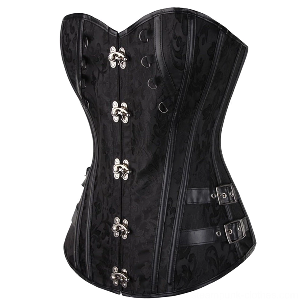 Black overbust steampunk corset with silver metal hardware, faux leather side adjustment straps, and reinforced bone structure front view