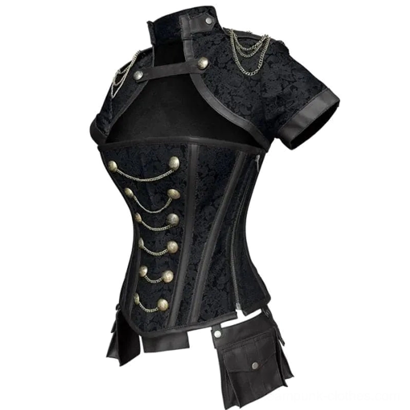 Three-quarter front view black steampunk corset with brocade pattern and black leather accents