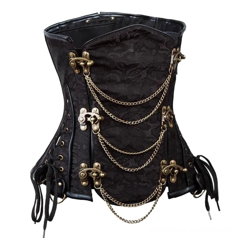 Black steampunk corset waist cincher with bronze chains and buckles, jacquard fabric construction, product flat lay