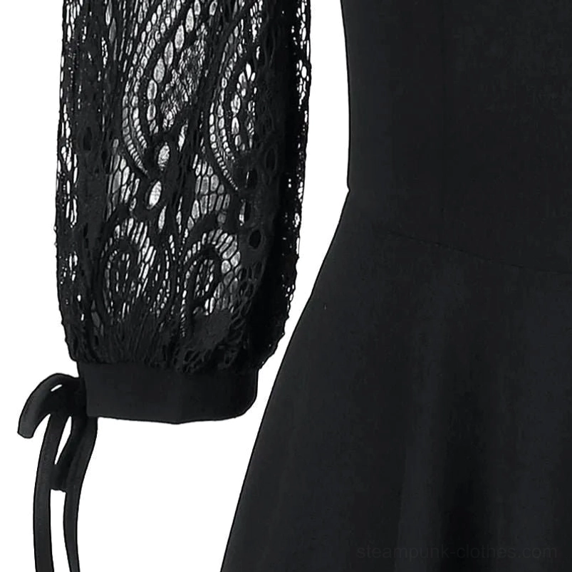 Close-up detail comparison of ornate floral lace fabric with tie cuffs and smooth matte black woven dress material