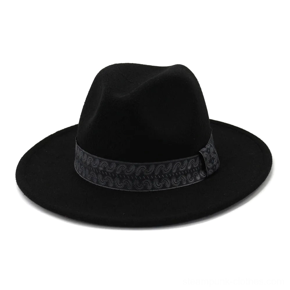 Black steampunk fedora hat with ornate paisley hatband, three-quarter front view