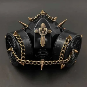Black steampunk gas mask with dual filter tanks, bronze metal chains, metal spikes, and cross-skull retro badge - direct front view