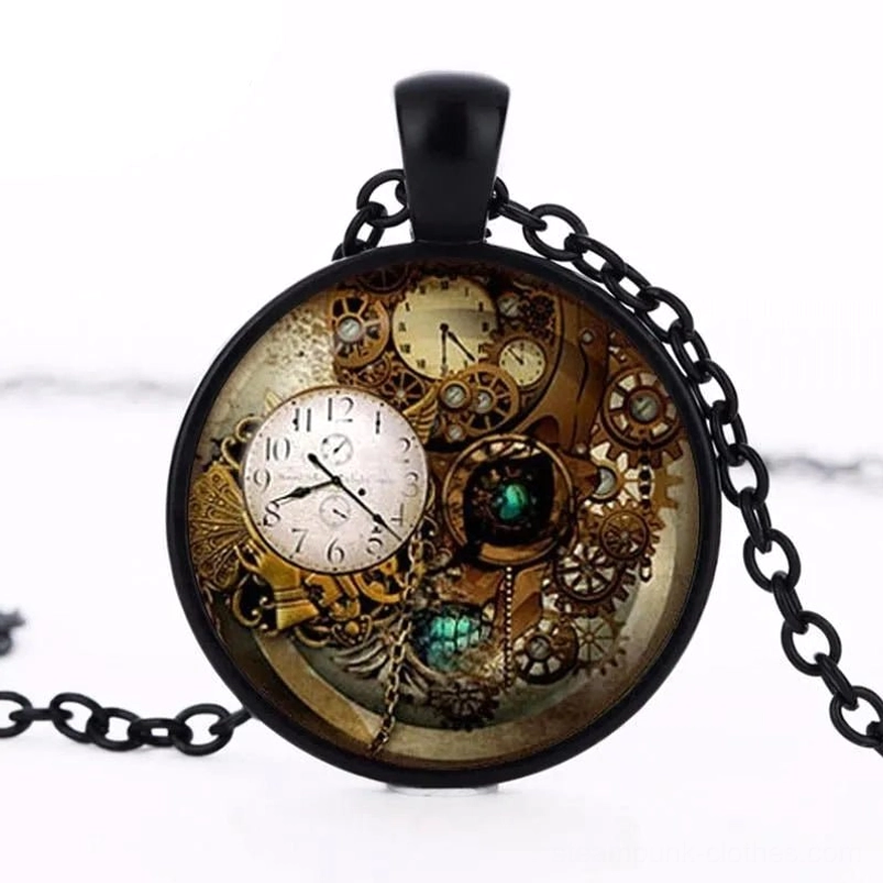 Black steampunk gear clock necklace close-up front view, showcasing detailed mechanical design and glass dome encasement