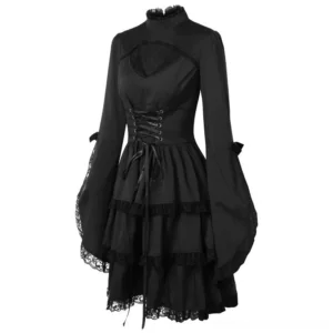 Black steampunk gothic dress three-quarter view showcasing heart-shaped chest detail, ribbon bows on bell sleeves, and metal eyelets for lace closure