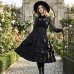 Black high-waisted steampunk skirt with layered ruffles and lace-up corset waist, worn with vintage lace blouse and wide-brimmed hat in rose garden setting