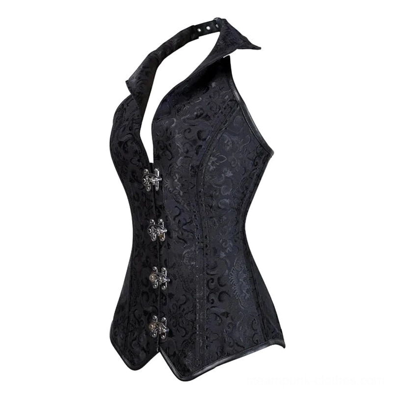Black steampunk halter corset detail view displaying adjustable halter strap and silver toggle closure mechanism