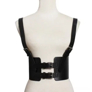 Black steampunk corset belt harness with matte leather finish and dual metal adjustable buckles photographed from front on clean white background