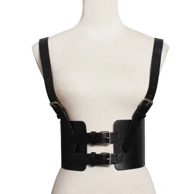 Black steampunk corset belt harness with matte leather finish and dual metal adjustable buckles photographed from front on clean white background