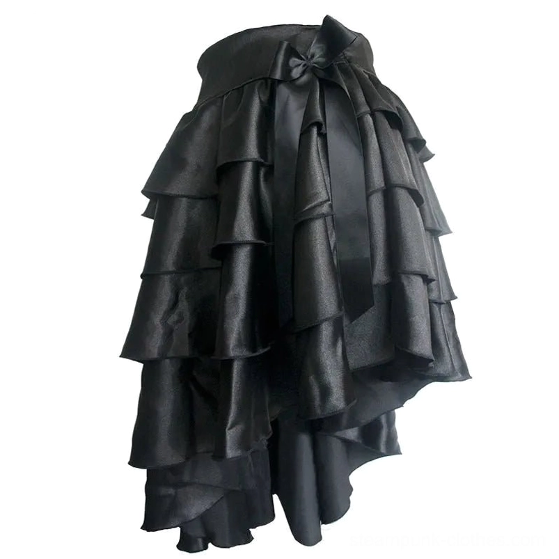 Black high-low ruffled steampunk skirt with satin fabric and layered ruffle design, product flat lay view
