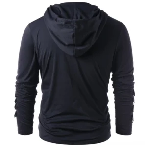 Black steampunk hoodie rear view showing fixed attached hood and ruched long sleeves with matte black finish