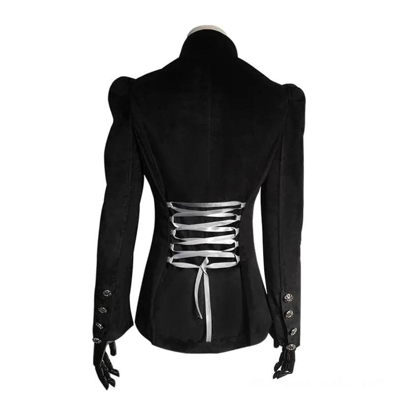 Back view of black velvet steampunk jacket featuring adjustable silver ribbon corset lace-up system, architectural puffed shoulders, buttoned cuffs with lace detailing, and full velvet fabric richness