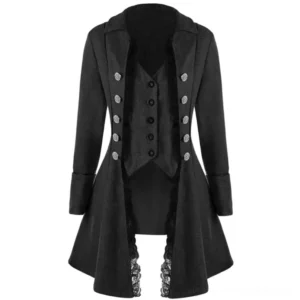 Black steampunk jacket flat lay highlighting double-row silver buttons, integrated waistcoat design, and tailored waist seams