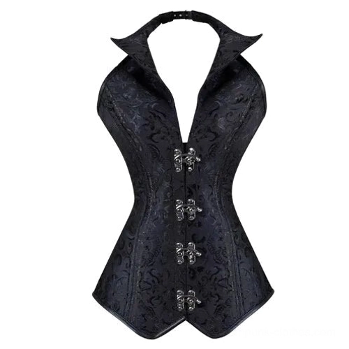 Black steampunk jacquard halter corset front view with silver toggle fasteners and structured folded collar