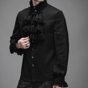 Black steampunk renaissance blouse showing three-quarter front angle with layered lace front ruffles and metal button details