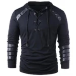Black steampunk lace-up hoodie with silver metal eyelets, leather shoulder patches, and buckle straps - front view studio shot