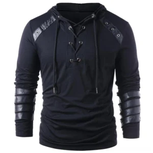 Black steampunk lace-up hoodie with silver metal eyelets, leather shoulder patches, and buckle straps - front view studio shot