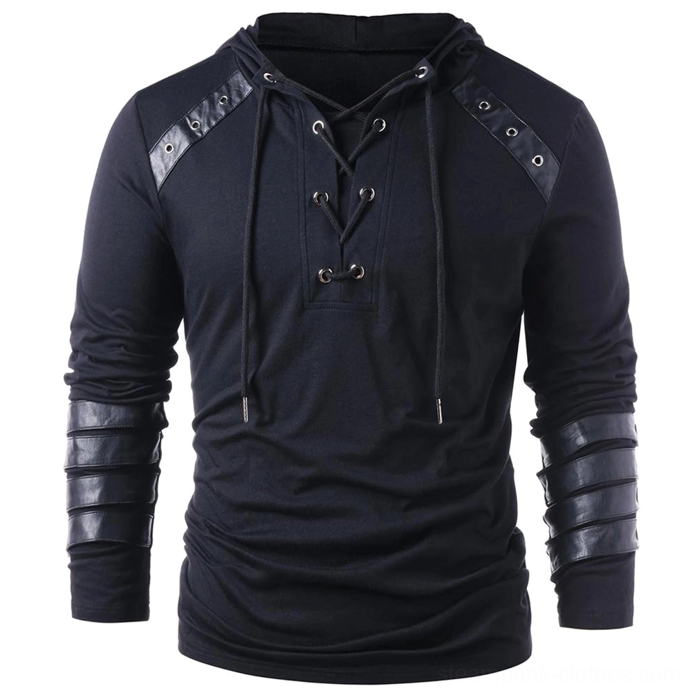 Black steampunk lace-up hoodie with silver metal eyelets, leather shoulder patches, and buckle straps - front view studio shot